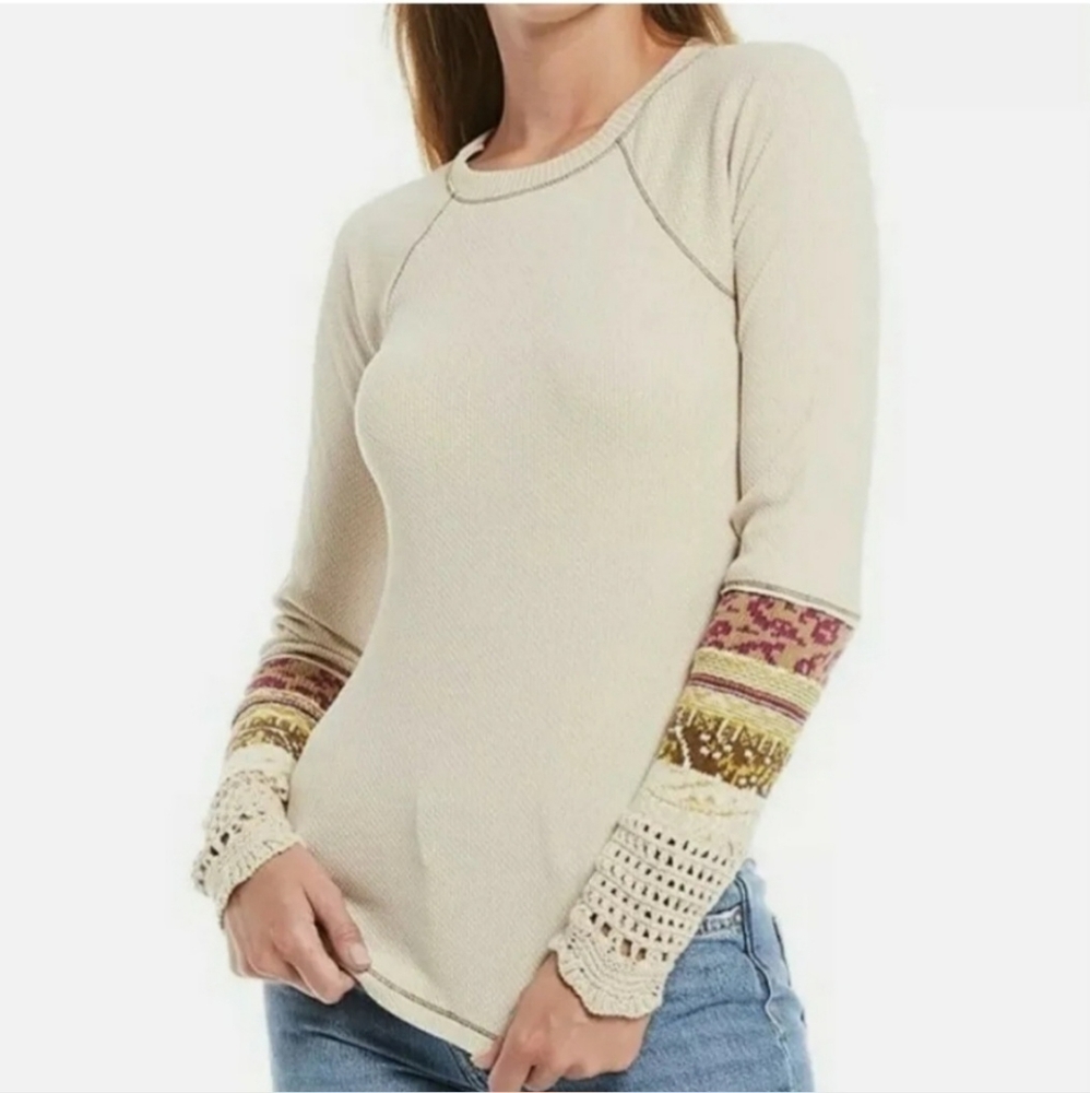 Free People Chelsea & Theodore Waffle Knit Crochet Cuff Top VGUC Size M